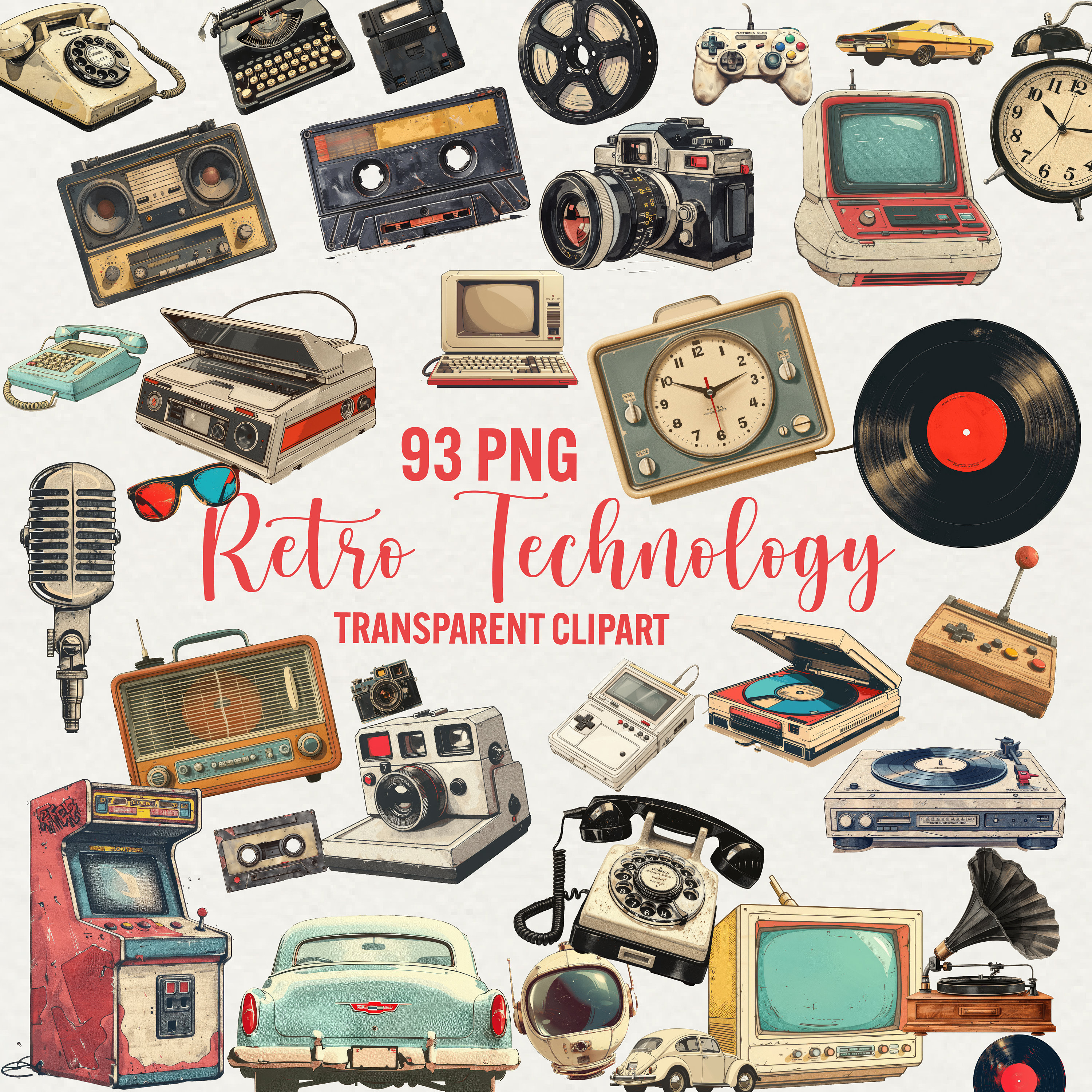 Retro Technology Clipart Bundle: 93 Vintage PNG Illustrations ...