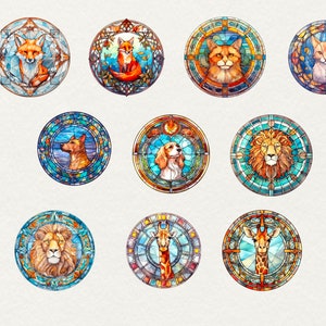Watercolor Stained Animals Clipart, 51 png Stained Watercolor glass Window PNG, Fantasy animal Clipart, Window animal PNG, Commercial Use