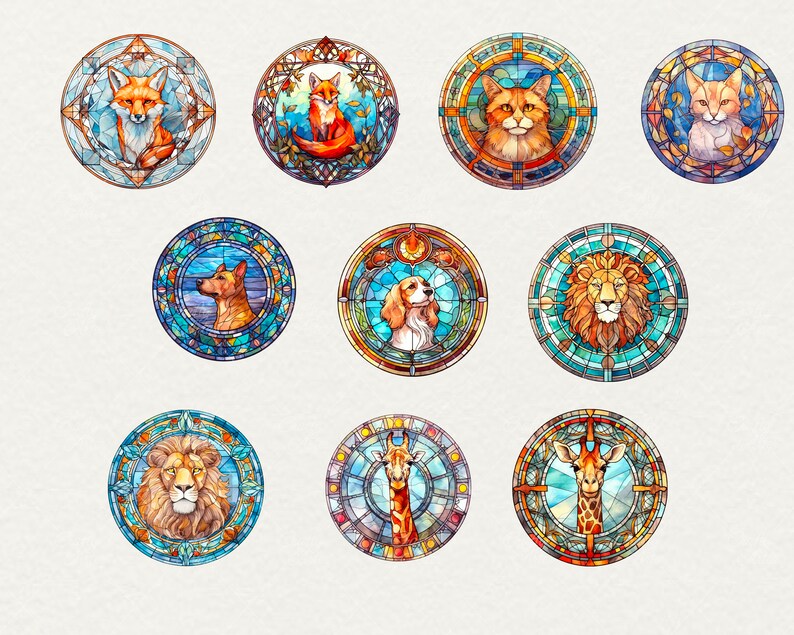 Watercolor Stained Animals Clipart, 51 png Stained Watercolor glass Window PNG, Fantasy animal Clipart, Window animal PNG, Commercial Use