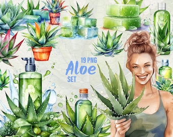Watercolor Aloe Vera Clipart: Succulent & House Plant PNG Set (Commercial Use)