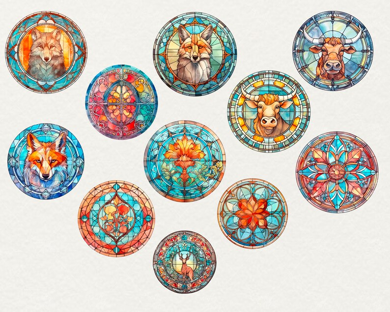K&ouml;nnte beinhalten: Zw&ouml;lf runde Bleiglasfenster mit verschiedenen Tier- und Blumenmustern. Die Muster sind in Blaut&ouml;nen, Orange, Rot und Gelb gehalten.