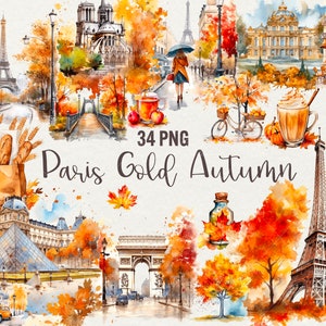 Watercolor Autumn Paris Clipart, 34 png Watercolor Paris Autumn illustration city brake Eiffel tower clipart, Commercial use
