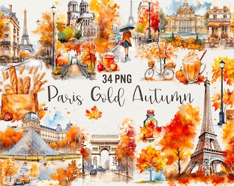 Watercolor Autumn Paris Clipart: Eiffel Tower, City Scenes (34 PNG)