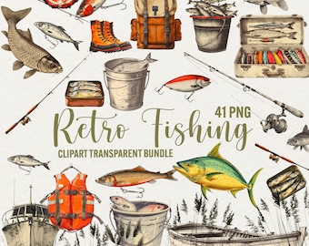Retro Fishing Clipart Bundle: Vintage Angling PNG Graphics (Digital Download)