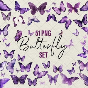 51 Borboleta Clipart PNG Adesivos de Borboleta Aquarela Violeta Borboleta Pacote Clipart Ilustrações Conjunto Download Instantâneo, Uso Comercial