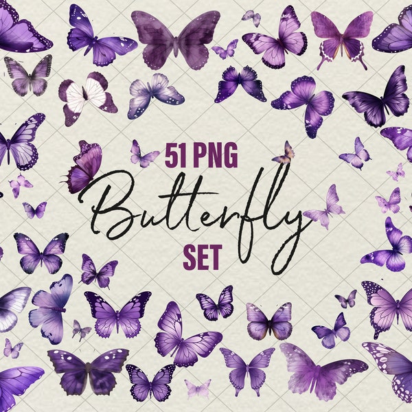 51 Butterfly Clipart PNG Watercolor Butterfly Stickers Violet Butterfly Bundle Clipart Illustrations Set Instant Download, Commercial Use