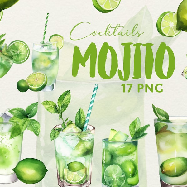 Mojito cocktail Summer Watercolor cocktail with orange 17 PNG clipart's Digital art instant download Menu drinks ideas Cocktail illustration