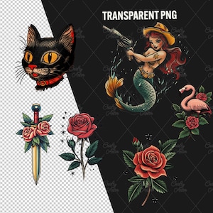 Old school Tattoo Clipart, 45 png traditional tattoo art, retro tattoo graphics, vintage tattoo png, transparent background, commercial use, red rose tattoo, skull tattoo, Tiger tattoo, mermaid tattoo, girl tattoo, cat tattoo, flower peony tattoo