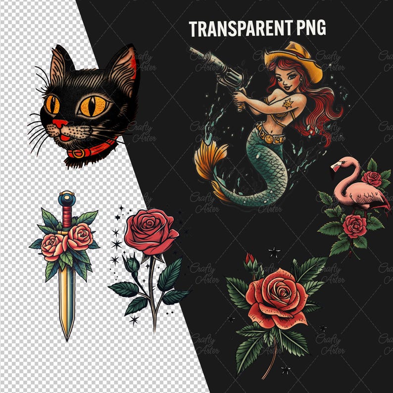 Old school Tattoo Clipart, 45 png traditional tattoo art, retro tattoo graphics, vintage tattoo png, transparent background, commercial use, red rose tattoo, skull tattoo, Tiger tattoo, mermaid tattoo, girl tattoo, cat tattoo, flower peony tattoo