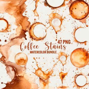 Clipart di macchie di caffè acquerello, 47 sovrapposizioni di caffè png, anello di espresso, schizzi di liquido, schizzi di caffè, download immediato, uso commerciale