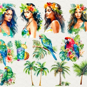 Summer Hawaii Clipart, Aloha Hawaii Watercolor, 64 PNG Hawaii clip art Digital art, flowers, drinks, surfing, beach, palms, Commercial use. Hawaii party, luau Hawaii