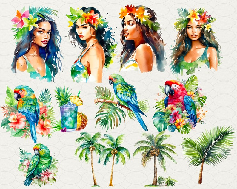 Summer Hawaii Clipart, Aloha Hawaii Watercolor, 64 PNG Hawaii clip art Digital art, flowers, drinks, surfing, beach, palms, Commercial use. Hawaii party, luau Hawaii
