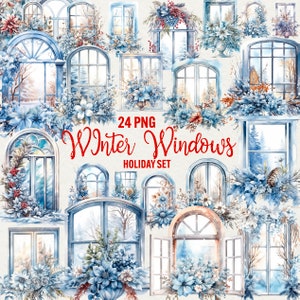 Winter raam clipart, winter clipart vakantietijd, sneeuw raam illustratie, 24 png kerst commercieel gebruik.