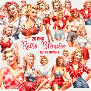 Aquarela Retro Blondie meninas Clipart, Pin Up Girls clipart, 20 PNG senhora Vestido vermelho, lindas senhoras menina pin up, Uso comercial