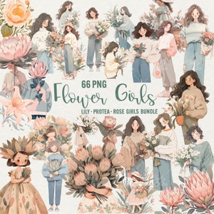 Clipart fleurs de filles, 66 PNG printemps fille d'honneur, aquarelle de fleurs, lys, protéa, Rose Png, fleur floral, jolie fille Png, usage Commercial