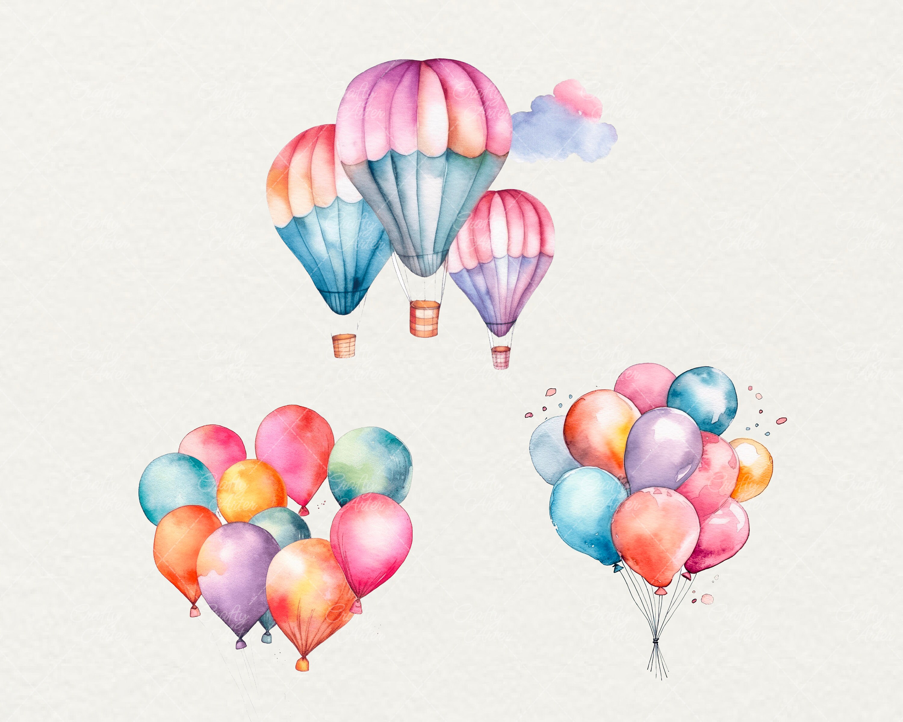 Watercolor Balloons Clipart: 18 PNG Pastel Balloon & Cloud Graphics ...