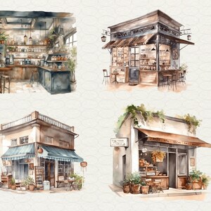 May include: Four watercolour illustrations of different storefront shops. The first shop is a cafe with a wooden counter and shelves stocked with goods. The second shop is a small, wooden, outdoor cafe with a sign that reads "House". The third shop is a small, two-storey building with a blue awning and a sign that reads "The Garden". The fourth shop is a small, one-storey building with a red awning and a sign that reads "Caffe, the dream of art".