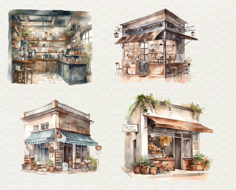 May include: Four watercolour illustrations of different storefront shops. The first shop is a cafe with a wooden counter and shelves stocked with goods. The second shop is a small, wooden, outdoor cafe with a sign that reads "House". The third shop is a small, two-storey building with a blue awning and a sign that reads "The Garden". The fourth shop is a small, one-storey building with a red awning and a sign that reads "Caffe, the dream of art".