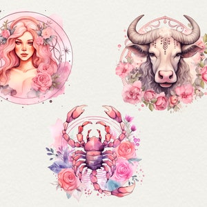 Watercolor Boho Zodiacs clipart, 12 png Horoscope clipart Astrological floral pink zodiac, Watercolor illustration Commercial Use