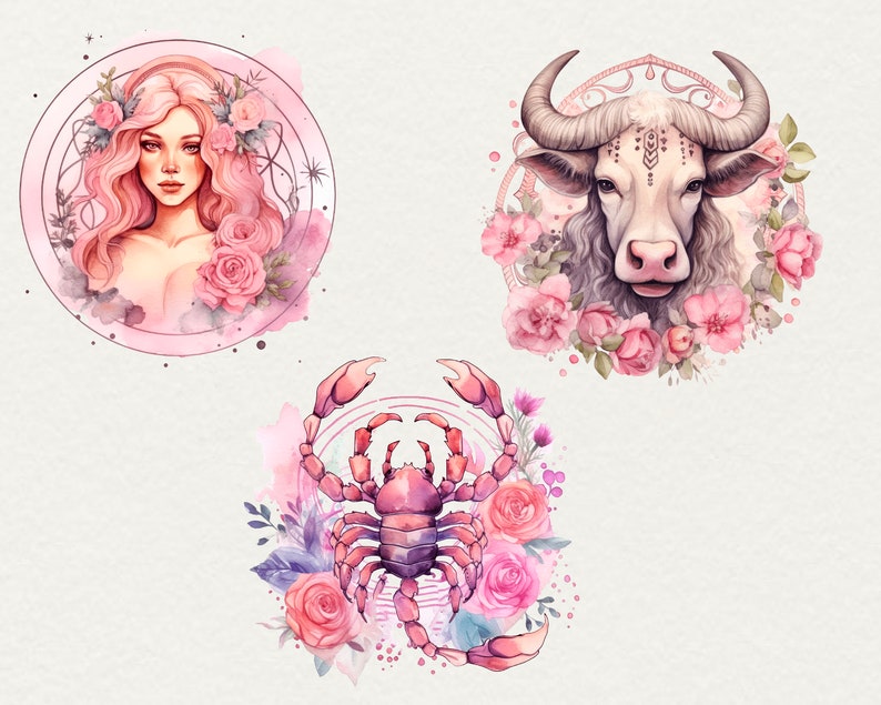 Watercolor Boho Zodiacs clipart, 12 png Horoscope clipart Astrological floral pink zodiac, Watercolor illustration Commercial Use