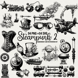 Steampunk Vector Clipart, 94 SVG/PNG Fantasy Clipart, Illustrations Steampunk VECTEUR dessinés au trait, Cricut, téléchargement immédiat, usage Commercial.