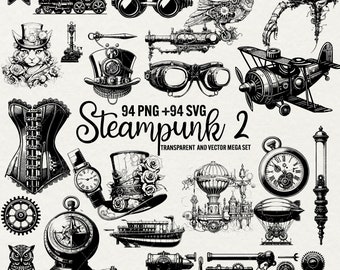 Steampunk Vector Clipart, 94 SVG/ PNG Fantasy Clipart, Steampunk VECTOR Line Drawn Illustrations, Cricut, Instant Download, Commercial Use.