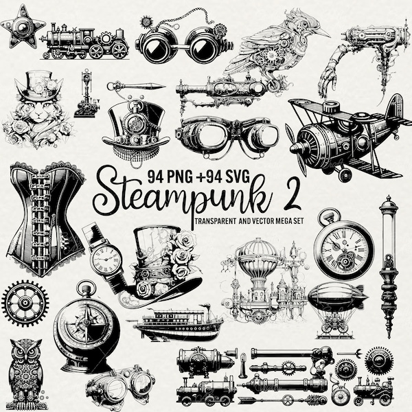 Steampunk Vector Clipart, 94 SVG/ PNG Fantasy Clipart, Steampunk VECTOR Line Drawn Illustrations, Cricut, Instant Download, Commercial Use.