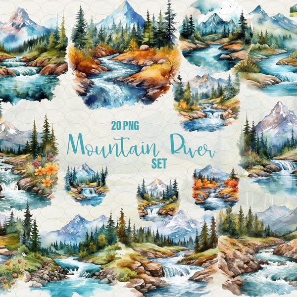 Aquarelle montagne rivière des cliparts, ensemble de 20 png paysage de montagne clipart, randonnée, montagne Nature aquarelle Camping Clipart, usage Commercial