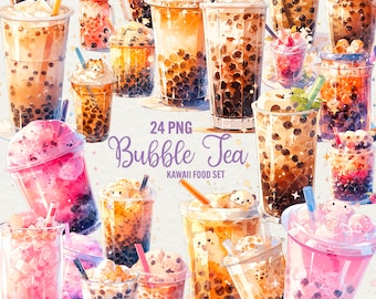 Kawaii Bubble Tea Clipart: 24 PNG Food Graphics (Commercial Use)