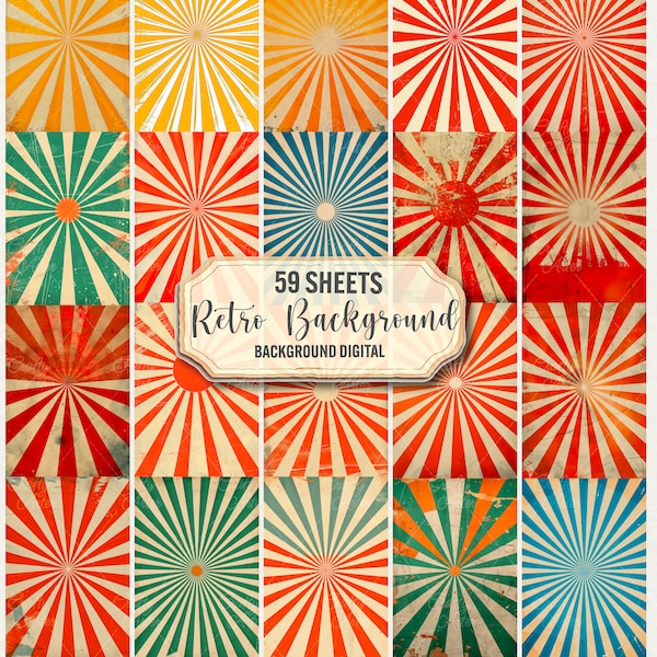 Retro Sunburst Digital background, 58 printable vintage pages, starburst scrapbook stationery, junk journal grunge texture commercial use