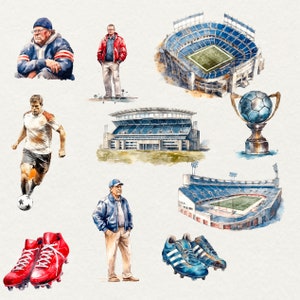 K&ouml;nnte beinhalten: Eine Aquarell-Illustration zum Thema Fu&szlig;ball. Die Illustration zeigt einen Fu&szlig;ballspieler, einen Fu&szlig;ball, eine Troph&auml;e, ein Stadion und ein Paar Fu&szlig;ballschuhe. Die Illustration ist im Vintage-Stil gehalten.