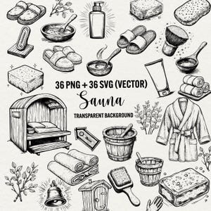 Set di clipart per sauna, SVG per sauna, Cappello per sauna PNG, Accappatoio svg, Secchio per sauna, clipart per il benessere, sfondo trasparente per uso commerciale