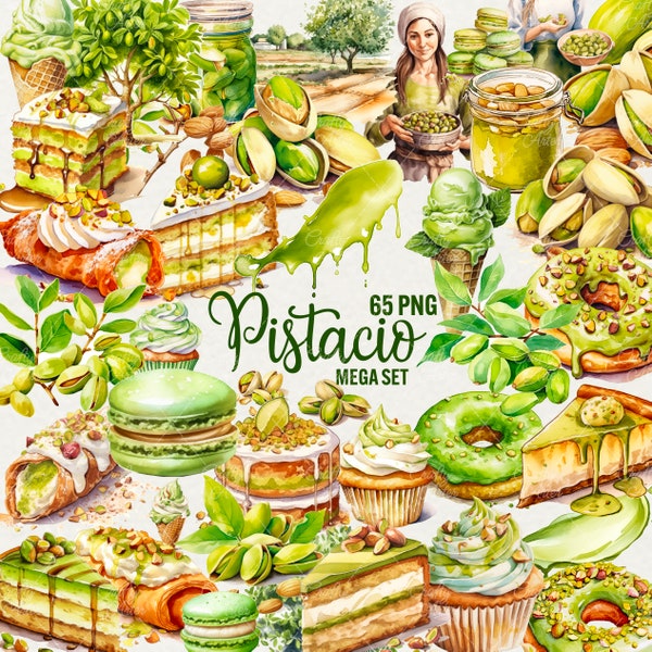 Watercolor Pistachio clipart, 65 PNG digital art pistachio nut, cake, macarons, cannoli, donut, ice cream, cheesecake for Commercial Use.