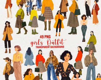 Clipart de roupas de outono para meninas: 49 ilustrações de moda PNG (download digital)