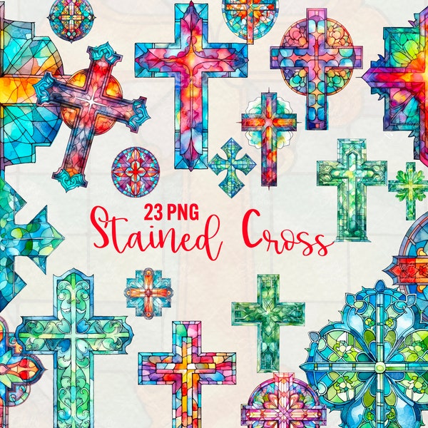 Watercolor Stained Glass Cross Clipart, 23 png Stained Watercolor glass cross PNG, Fantasy Clipart, Cross PNG, Commercial Use