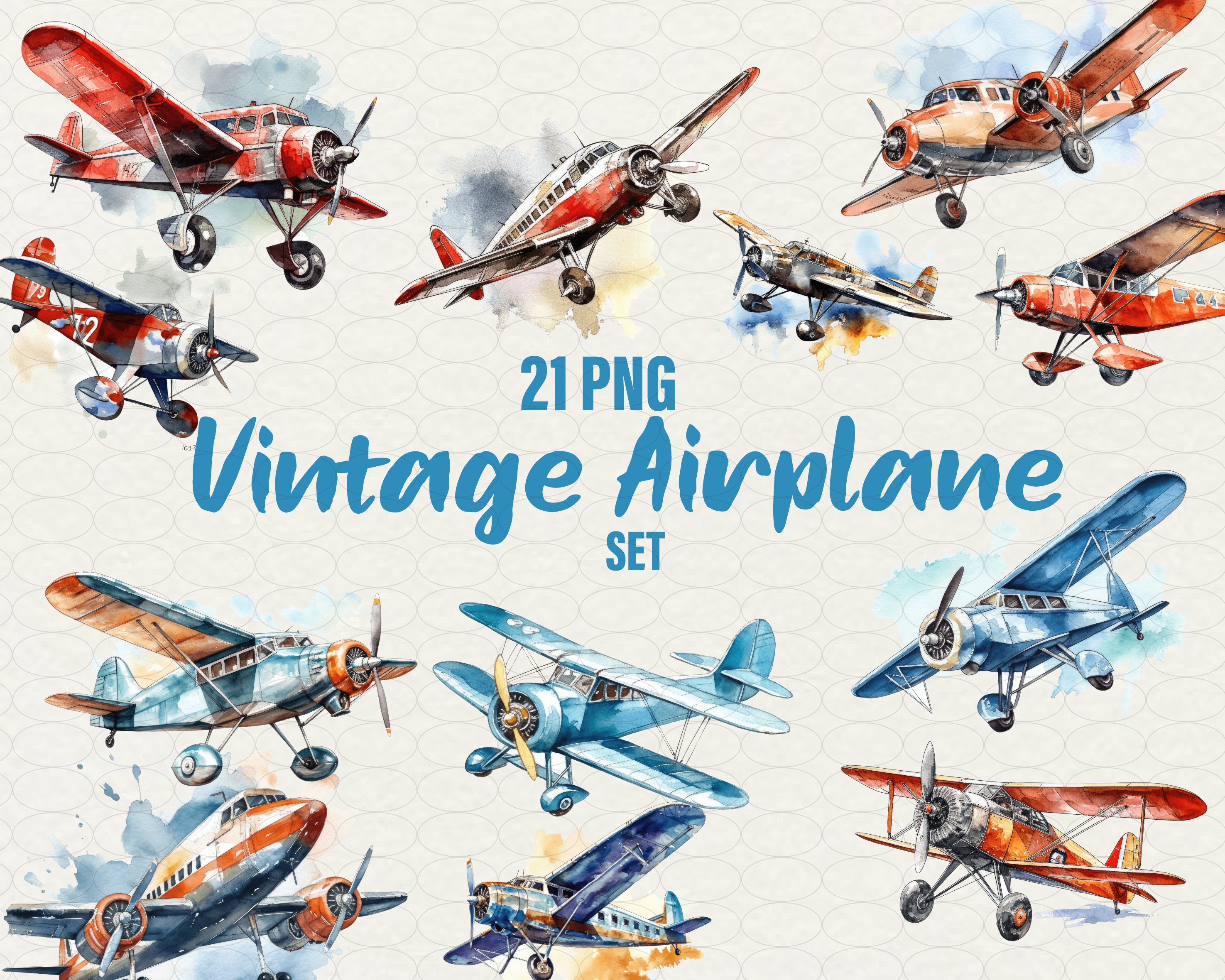 水彩飛行機クリップアート：ビンテージ航空機イラスト（21 PNG