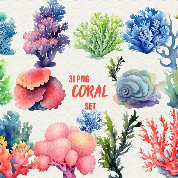 Coral reef Clipart, 31 png Ocean clipart Sea clip art, Sealife underwater, Nautical Clipart, Digital watercolor coral clipart Commercial Use