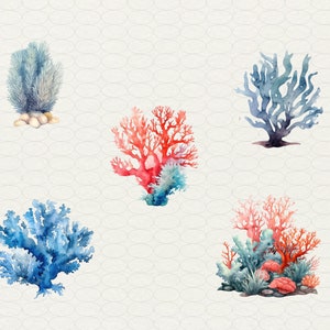 Op de afbeelding: Waterverfillustratie van vijf verschillende soorten koraal. Het koraal is in tinten blauw, rood en groen. Het koraal is geplaatst op een witte achtergrond met een subtiel patroon.