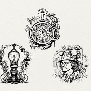 May include: Three black and white illustrations of steampunk-inspired designs. The first is a pocket watch with intricate gears and a clock face. The second is a lamp with a light bulb and ornate details. The third is a portrait of a person with a steampunk-style hat and goggles.