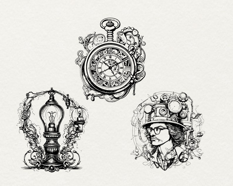 May include: Three black and white illustrations of steampunk-inspired designs. The first is a pocket watch with intricate gears and a clock face. The second is a lamp with a light bulb and ornate details. The third is a portrait of a person with a steampunk-style hat and goggles.