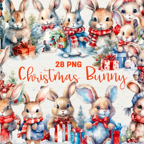 Christmas Bunny Clipart Christmas Sublimation Clipart Winter Clipart, Holiday Animals Bunny in Santa Hat 28 Png Christmas Commercial Use