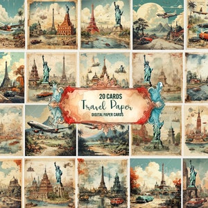 Papel de viaje retro digital, 20 tarjetas, póster vintage digital, manualidades de papel, álbum de recortes, papelería, diario basura, papel viejo, clipart, uso comercial
