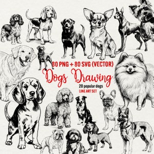 Hund Clipart, 80 SVG und 80 Png Beliebte Hunde Vektor Linie gezeichnete Illustrationen, Hund Schnitt Dateien, Hunderassen, sofortiger Download, kommerzielle Nutzung.