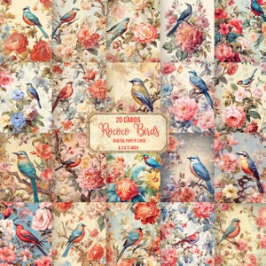 Elegante carta digitale con uccelli floreali, 20 carte digitali vintage con uccelli, album di ritagli, carta stampabile per diario spazzatura, uso commerciale