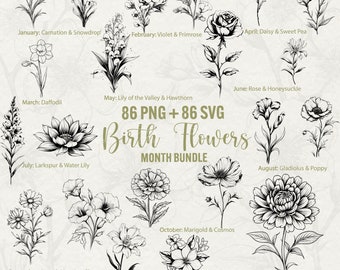 Birth Month Flower Clipart Bundle: 86 SVG + 86 PNG Floral Designs