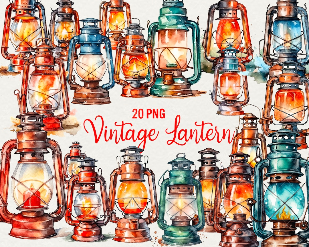 Vintage Lantern Lamp Clipart, 20 PNG Watercolor Candle Light Png, Old