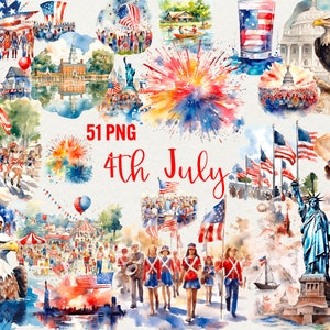 Clipart de acuarela del 4 de julio, 51 imágenes PNG de Estados Unidos de América, clipart del Día de la Independencia de EE. UU. para uso comercial