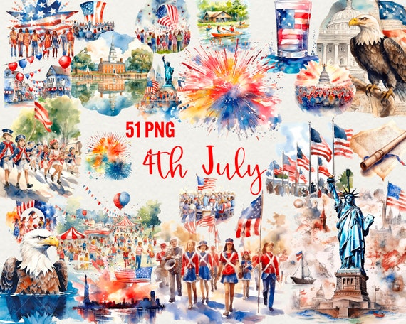 Watercolor 4th July Clipart: USA Independence Day PNG Set (51 Files)