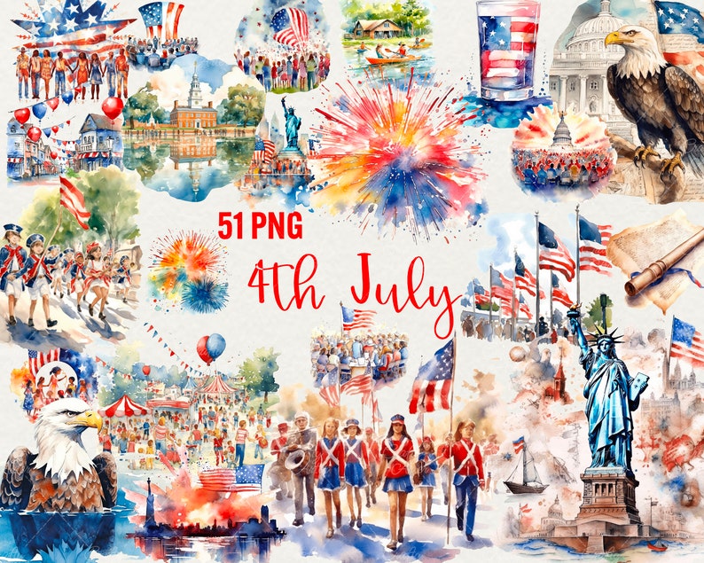 Puede incluir: Una ilustraci&oacute;n de acuarela de varias im&aacute;genes relacionadas con la festividad del 4 de julio. La ilustraci&oacute;n incluye fuegos artificiales, la Estatua de la Libertad, banderas estadounidenses y personas celebrando. El texto "51 PNG 4th July" est&aacute; incluido en la imagen.