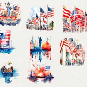 Puede incluir: Pinturas de acuarela con temas patri&oacute;ticos estadounidenses, incluyendo la Estatua de la Libertad, la bandera estadounidense y un &aacute;guila calva. Las pinturas son de varios estilos, desde realistas hasta abstractas.
